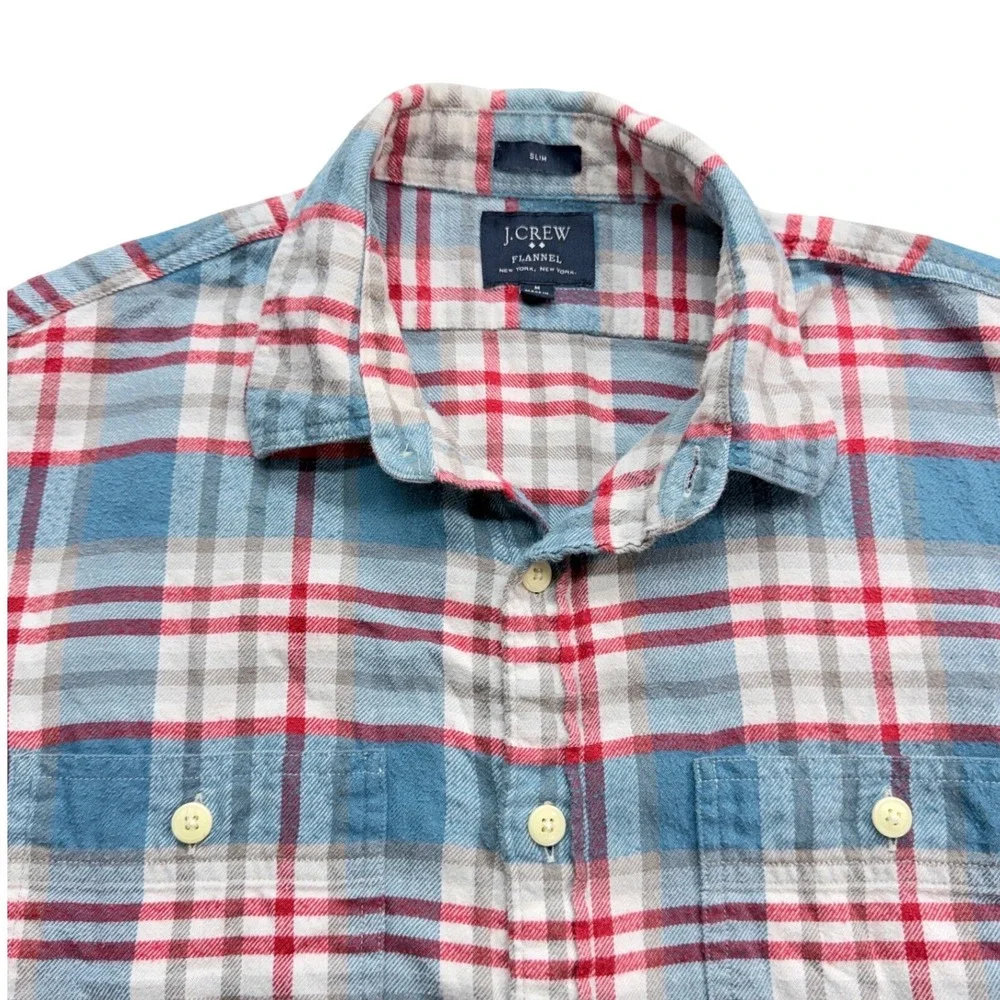 J. Crew Slim Plaid Flannel Button Down Shirt Mens Medium Blue Red